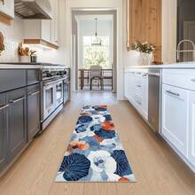 1pc Extra Long Non-Slip Runner Mat - Navy Blue & Orange Floral With White Flowers, Extra-Long Floor Mat For Hallway, Kitchen, Entryway, Patio - Heavy-Duty Non-Slip Backing, Machine Washable - Elegant Home Decor In Navy Blue, Orange, Beige - Nhiều màu - Xem 1