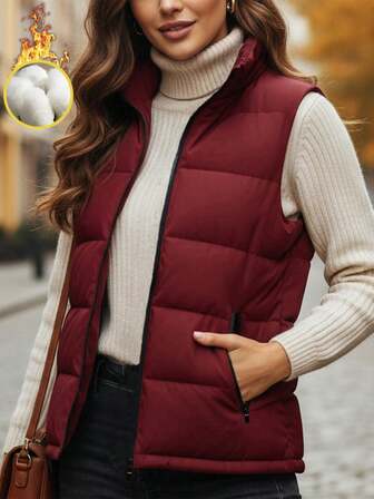 Women's Puffer Vest Sleeveless Jacket Zip Up, Casual Layered Outerwear For Autumn/Winter
