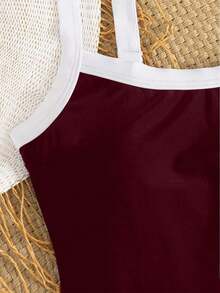 Bộ đồ bơi một mảnh màu tương phản tối giản, thanh lịch, giản dị, phong cách mới dành cho nữ, thích hợp cho suối nước nóng, kỳ nghỉ ở bãi biển, du lịch mùa hè, tiệc bãi biển - Màu Đỏ Sâu - Xem 5