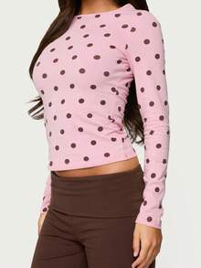 Women Long Sleeve Polka Dot T Shirt Slim Fit Crew Neck Tee Shirts Casual Basic Going Out Crop Tops Polka Dot Tops For Women Long Sleeve Crew Neck Slim Fit Shirt Tops Casual Going Out Tee Top Streetwear - 粉色 - 查看 3
