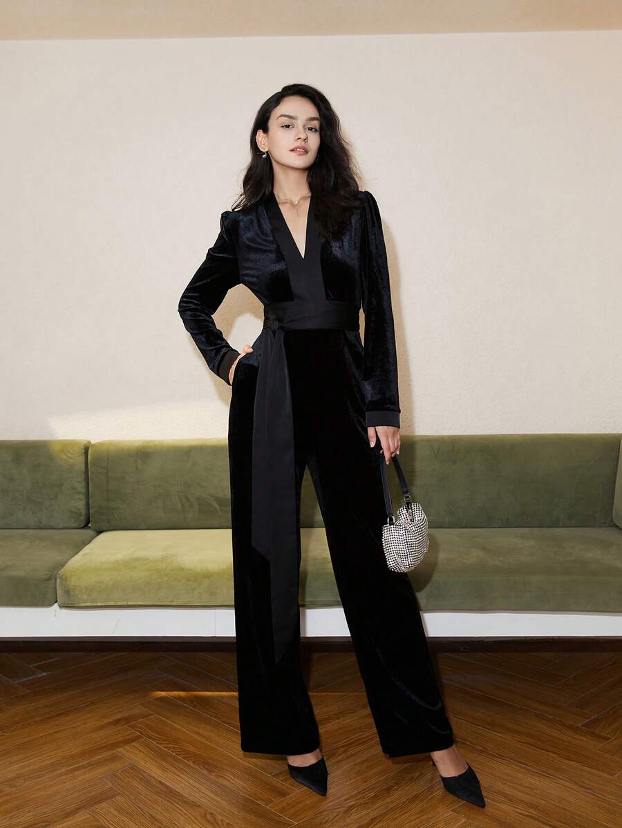 女士纯色V领长袖丝绒腰带优雅复古风格连体裤，商务休闲度假装 - 黑色 - 查看 1