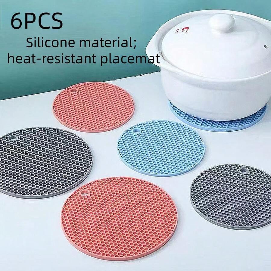 6pcs High Temperature Resistant Silicone Placemats, Good Insulation, Anti-Scald Coasters, Unique Honeycomb Design With Excellent Heat Dissipation, Prevent Damage To Tabletop, Fashionable And Elegant Appearance - Mixing Colors - View 1