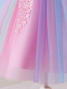 Girls' Special Occasion Dress, Girls' Ethereal Rainbow Ombre Dress, Girls' Flutter Sleeve Dance Dress, New Children's Festival Party Birthday Banquet Carnival Hosting Runway Flower Girl Wedding Colorful Chiffon Dress, Girls' Pink 3D Floral Bow Tulle Dress, Toddler Cute Sweet Lace Patchwork Rainbow Princess Dress - Pink - View 5