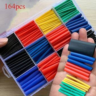 164pcs,Heat-Shrink Cable Protection Sleeve Set - Crafted From Durable Polyolefin Material, Available In Multiple Colours And Sizes, Complete With Storage Case. Features A 2:1 Shrink Ratio, Ideal For Cable And Wire Connections In Home Room Decoration