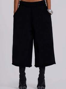 Women's Chunly Capri Pants Wide Leg Elastic Waist Casual Cropped Pant - 黑色 - 查看 3
