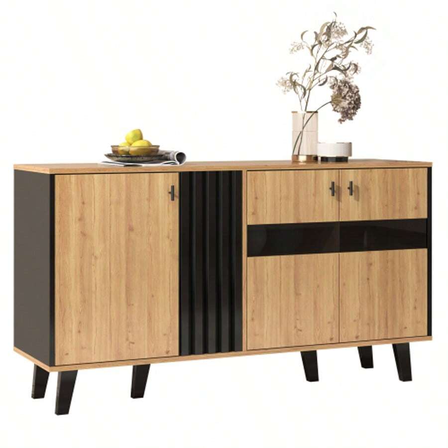 140 X 78.5 X 41 Cm Sideboard, Color-Coordinated Designer Sideboard Made Of Wood And Black With Storage Space, Cabinet With LED Lighting And Glass, Versatile In Use. [OLD SKU:WF313227228SAA] - Khaki - View 1