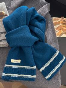 100% Wool Solid Color Scarf For Women, Versatile & Elegant For Autumn/Winter; Fashionable Striped Patchwork Knitted Scarf For Women - Dark Blue - View 1