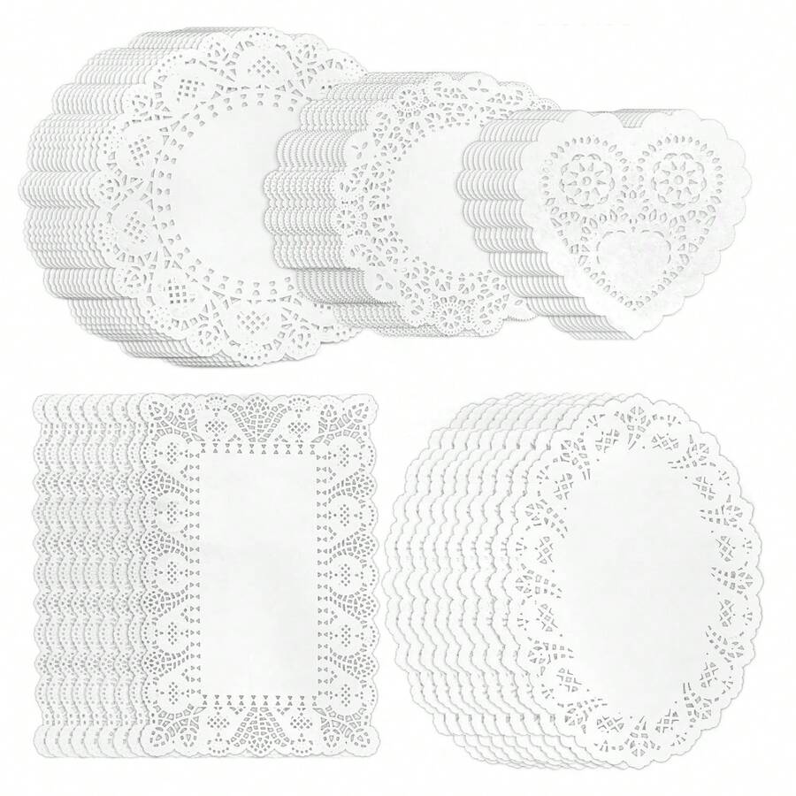 100pcs White Paper Lace Doilies, Disposable Paper Placemats, Decorative Disposable Placemats, Bulk, Suitable For Desserts, Fried Foods, Wedding Tableware Decor, Cake Packaging - Round/Oval/Rectangular/Heart Shaped