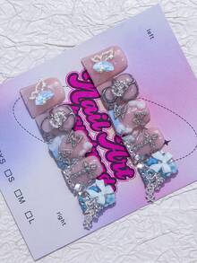 10片/包 手工制作 Y2K 风格法式美甲贴纸，裸色和黑色，蝴蝶结、水钻、花朵装饰，适合女性和女孩参加派对、婚礼、日常佩戴，是送给她的绝佳礼物。 - 藍色 - 查看 2