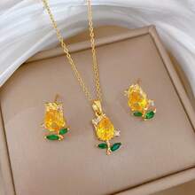 1 Set de Collar y Aretes de Joyería con Colgante de Flor de Tulipán de Acero Inoxidable y Circonita para Mujeres, Diseño Elegante y Versátil de Lujo, Adecuado para Uso Diario/Fiesta, Accesorio de Regalo Exquisito para Fiestas