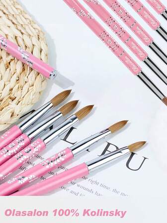Olasalon 100%纯貂毛亚克力美甲刷，适用于沙龙美甲美睫工具，粉色铝合金手柄