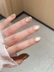 1 Set Of 10 Pure Handmade Wearable Nails, Low-Key, Light Luxury, Dark Green, Cat Eyes, Water Droplets, Stars, High-Quality, Pure Handmade, Detachable Nail Patches Suitable For Women's Daily Wear And Party Wear. Comes With Two Pieces Of Jelly Glue And A Rubbing Strip For Easy Freedom In Nail Art