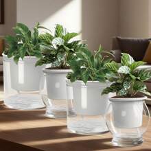 طقم أصيص زهور ذاتي الري بحبل قطني - أصيص راتنجي شفاف ثنائي الطبقة مع خزان مياه مدمج، تصميم ري آلي سهل العناية للنباتات الداخلية والخارجية، ديكور حديقة المنزل، مناسب لنمو النباتات الصغيرة والأعشاب - أبيض - مشاهدة 4