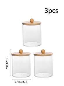 4pcs Accessories With Bamboo Cover Dispensor Holder For Swab, Round Pad, Dental Flosser, Etc. - 10oz Clear Plastic Dispensing Jars Packaging Set For Bathroom/Kitchen Vanity Storage Organizer