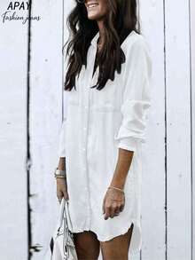 Women's Full White Denim Shirt Dress, Long Sleeve Button-Down Denim Jacket Dress, Casual Spring/Summer Outfit - White - View 4