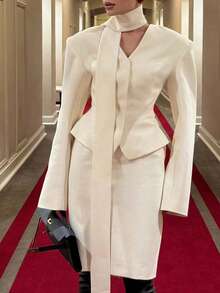 Women's Casual Minimalist Commuter Chic Shoulder Pad Tie-Up White Blazer Jacket, Elegant Simplistic For Daily Commute, Date, Valentine's Day, New Year, Spring - White - View 8