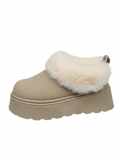 Thick Sole Closed Toe Furry Warm Slip-On Slippers For Women, Thermal Lined Ankle Boots Snow Boots Platform Winter Shoes, Fashionable Versatile Short Tube Padded Shoes For Women In Winter