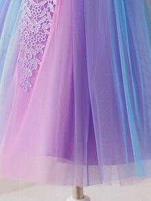 Princess Dress For Girls, New European And American Style, Lace Cap Sleeve Dress, Handmade 3D Floral, Sweet Lilac Color, Tulle Skirt, Baby's 1st Birthday, Party, Performance, Special Occasion, Children's Day Costume, Rainbow Gradient Bowknot Dress - Lilac Purple - View 5