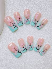 10pcs Y2K Nails Pipe-Shaped Press On Nails Set - Handcrafted, Pink Nails, Blue Nails, Blue French Tip Nails, Hand Drawn Green Tea Flower, Green Tea Flowers Nail Art, Pink Little Flowers Element Decoration , Delicate Cute Nails - Perfect For Parties & Casual Attire,Perfect Holiday Gift For Women And Girls, DlY Nail Art - 彩色 - 查看 2