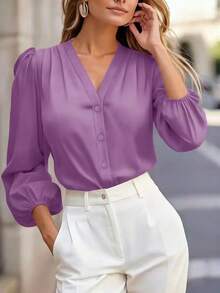Women's Solid Color V-Neck Long Sleeve Blouse, Stylish And Essential For Commuting Spring - Lilac Purple - View 2