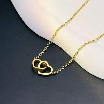 Classic Minimalist Double Heart Pendant Necklace, Gold Plated Stainless Steel Non-Fading, Fashion Jewelry Gift For Women & Girls
