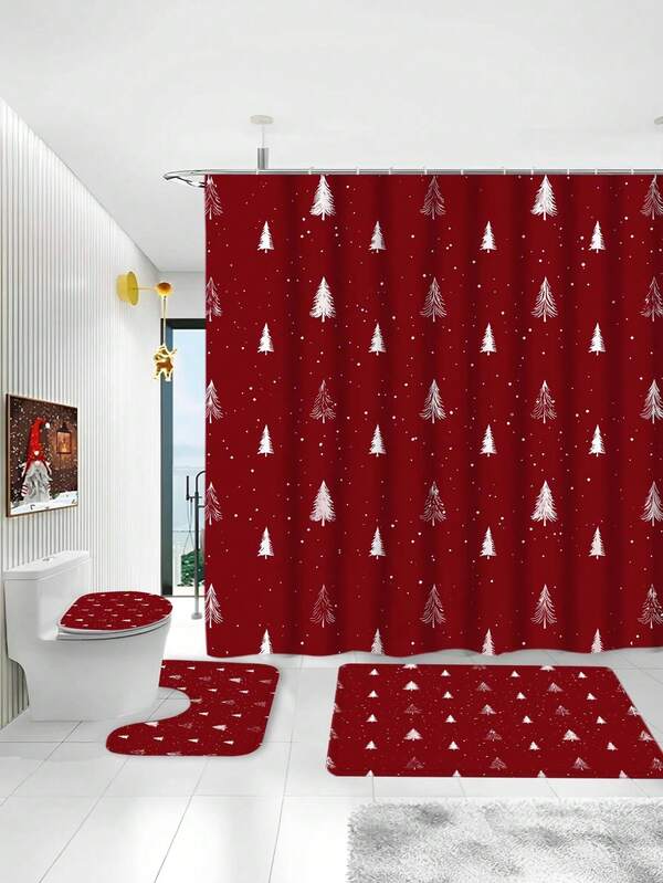 1/4 Pcs Christmas Winter Bathroom Curtain Set, Minimalist Christmas Tree & Pine Tree Print Waterproof Polyester Washable Shower Curtain, 12 Hooks Included Non-Slip Bath Mat & U-Shaped Toilet Seat Cover