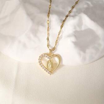 Collar con colgante de corazón chapado en oro de 18K con circonita cúbica sintética y base de cobre - Versátil para uso diario, diseño religioso de la Virgen María, gran regalo
