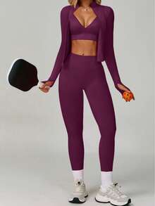 Yefecy Women's Street Style Fitness Set, Zip-Up Jacket Paired With Butt-Lifting Leggings, Fashionable Pieces Suitable For Gym To Street - Bold Plum - View 7