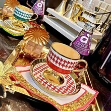 1 Set Ceramic Checkered Gold-Rimmed Vintage Coffee Cup & Saucer, Elegant For Women And Men, Suitable For Turkish/Arabic Espresso, Breakfast, Tea Party, Afternoon Tea, Home, Garden, Restaurant - Applicable For Summer, Autumn, Winter Beverages - Recommended Halloween, Christmas Gift