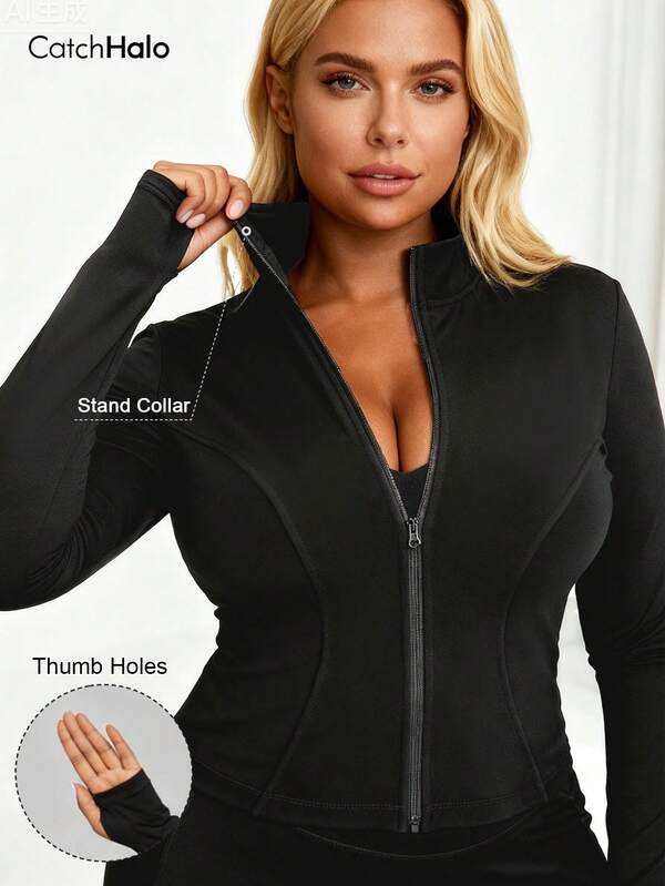 Jachetă sport slim fit, mărime plus, croială neagră, cu orificiu pentru degetul mare, ultra respirabilă, cu fermoar complet, cu guler înalt, care flatează silueta, jachetă de antrenament care nu restricționează silueta, jachetă casual pentru sală de alergare, toamnă-iarnă, zi de zi, casual