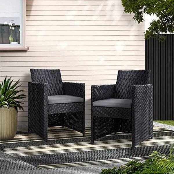 Set Of 2 Outdoor Dining Chairs Wicker Patio Deck Chair Lounge Armchair Garden Furniture Seating Backyard Indoor Cushion With Armrest Steel Rattan Black