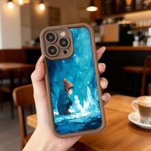 Cubierta de telefono con borde negro azul con estampado de niño y muñeco de nieve en paisaje invernal para uso diario en cafeterias y exteriores Aplicable a los teléfonos de la serie Apple y Galaxy - Negro - Ver 4