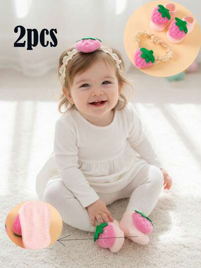2pcs/Set Plush Strawberry European And American Style Baby Socks With Strawberry Headband, Cute Fruit Socks And Headband Set, Birthday Gift, Christmas/New Year Gift