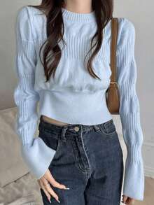 Women's Knitted Pullover Sweater, Puff Sleeve, Fitted, Layering Top, Winter - Light Blue - View 2