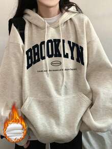 Loose Fit Letter Print Thermal Lined Sweatshirt