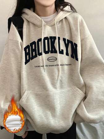 Loose Fit Letter Print Thermal Lined Hoodie Sweatshirt