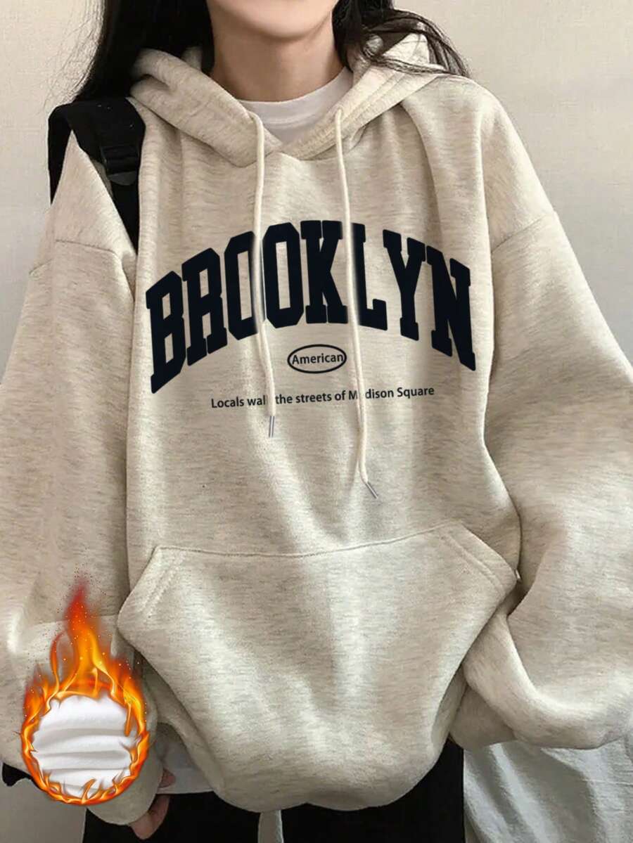 Loose Fit Letter Print Thermal Lined Sweatshirt