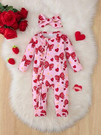 Babyflickor rund halsringning långärmad jumpsuit med dragkedja, volangkant och hjärttryck, avslappnad och söt babyflickor avslappnad och söt 2-delat set: jumpsuit med dragkedja + pannband