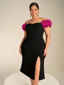 Fuaheng 加大码露肩飘袖修身腰部开衩紧身派对礼服，黑色，优雅，婚礼宾客礼服，舞会礼服，校服