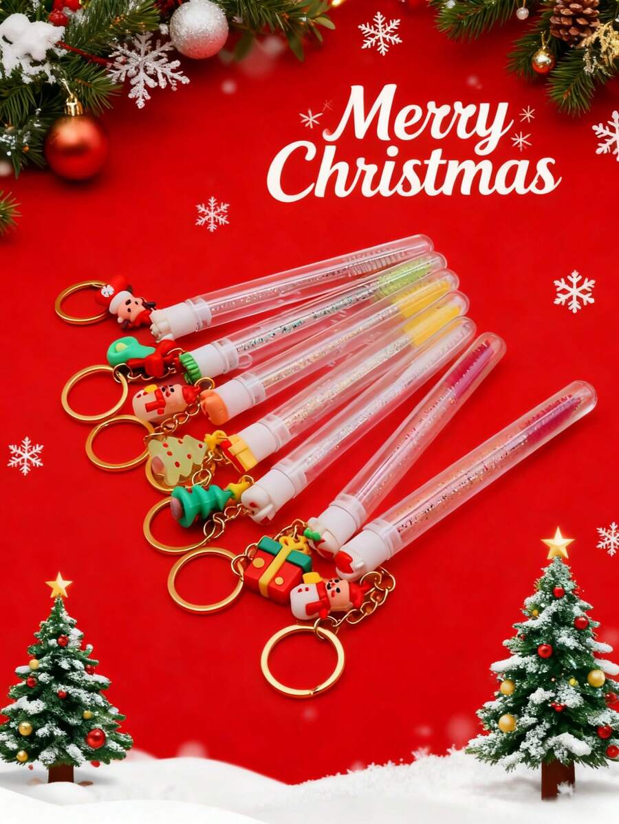 1/3/5件圣诞卡通图案钥匙扣圣诞图案节日睫毛刷眉刷便携管状睫毛刷带透明盒 - 彩色 - 查看 1