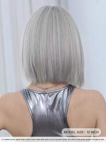 7JHH WIGS Elegant 12'' Bob Women's Wigs - Gray Short Straight Wig With Bangs Mix White Highlight Hair, Natural Looking Synthetic Heat Resistant Fiber Fake Hair Wigs For Women & Girls Daily Use, Festival Ready & Party Decoration Wigs Accessory
