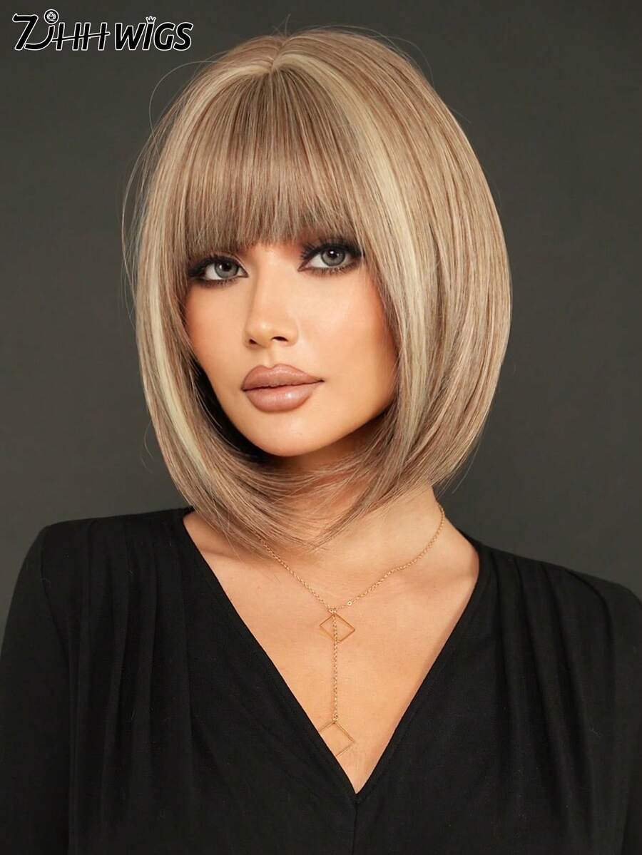 7JHH WIGS 12 Inch Flaxen Brown Short Straight Hair Wig For Women, Highlight Beige Hair Elegant Bob Wig With Bangs, Synthetic Fiber Full Machine Fake Hair For Daily Wear, Music Festivals Celebrations & Streetwear Special Use, Party Wigs Accessory - 挑染米色 - 查看 1