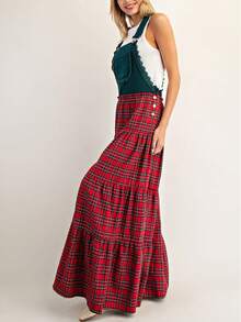 Womens Christmas Plaid Bibs Overalls Casual Loose Sleeveless Adjustable Straps Patchwork Wide Leg Pants Jumpsuit - 綠色 - 查看 4