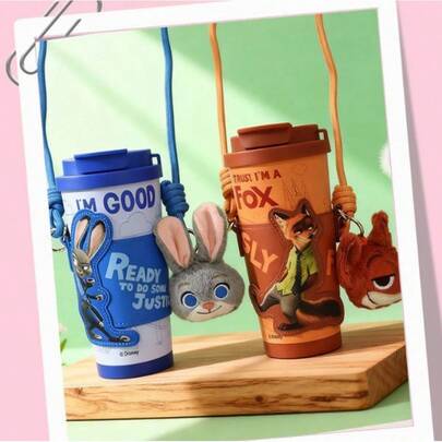 Disney Judy And Nick Unisex Insulated Stainless Steel Coffee Mug With Straw, Includes PU Sleeve And Pendant. Mug. Mother's Day Gift Drinking Mug.