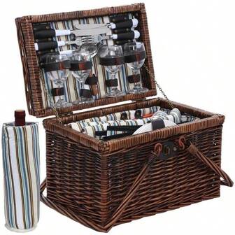 Alfresco Outdoor Insulated Liquor 4 Person Folding Deluxe Picnic Basket Set