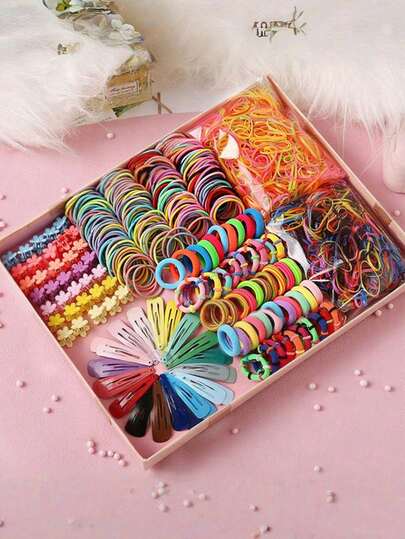 780件/套多色少女风发饰，包含各种简约弹力发圈、多功能发夹和发卡，一套即可打造每日百变发型，适合日常发饰。