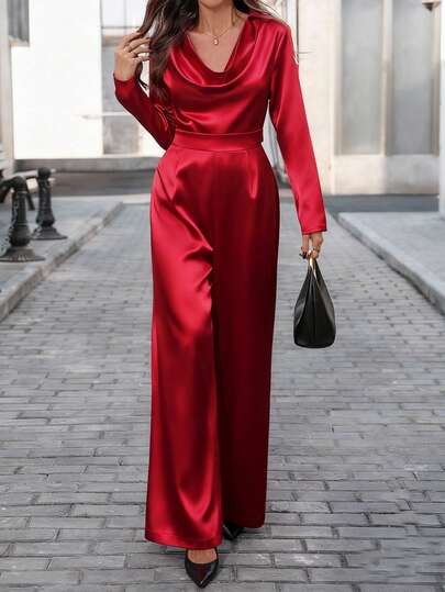 Women's Christmas Party Jumpsuit, Elegant Plunge Neck Fitted Satin BurgundyJumpsuit Fall Cloth For Women