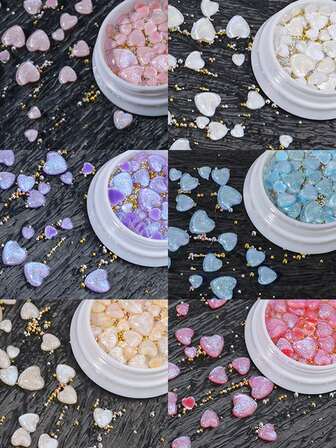 200片/30片装镀金爱心美甲装饰，3D立体闪亮美甲钻石树脂装饰工艺品礼品，混合尺寸满足不同需求，适用于节日美甲装饰、婚礼美甲装饰，闪粉贴钻