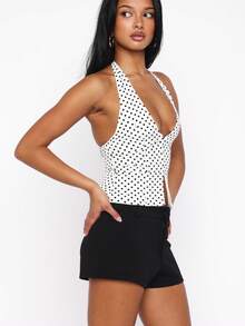 Women Polka Dots Tie Backless Halter Crop Top Deep V Neck Split Front Ruched Party Club Tank Tops - 白色 - 查看 4