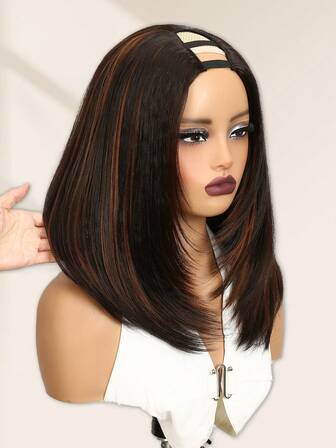 U-del Rakt Layered Bob Highlights Bruna Peruker Yaki Rakt Syntetisk 14 Tum Kort U-del Bob Peruk För Uppgradera U-del Peruk Ingen Isättning Inget Lim